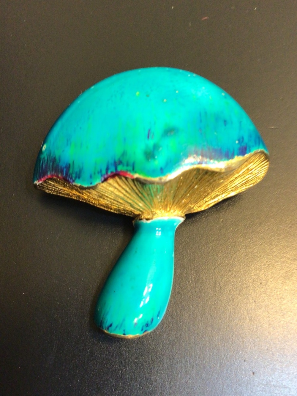 Vintage Enamel Mushroom Brooch Pin Turquoise Enamel Gold-tone Retro